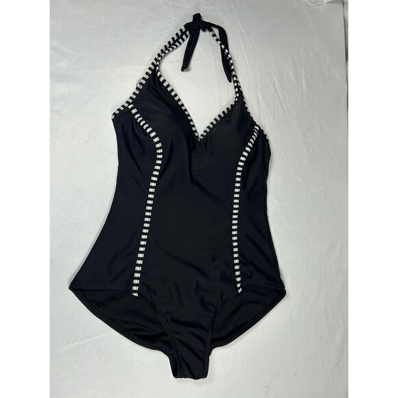 Catalina Swimwear Halter One Piece Swimsuit L 12 - 14 White Stripe - Picture 2 of 8